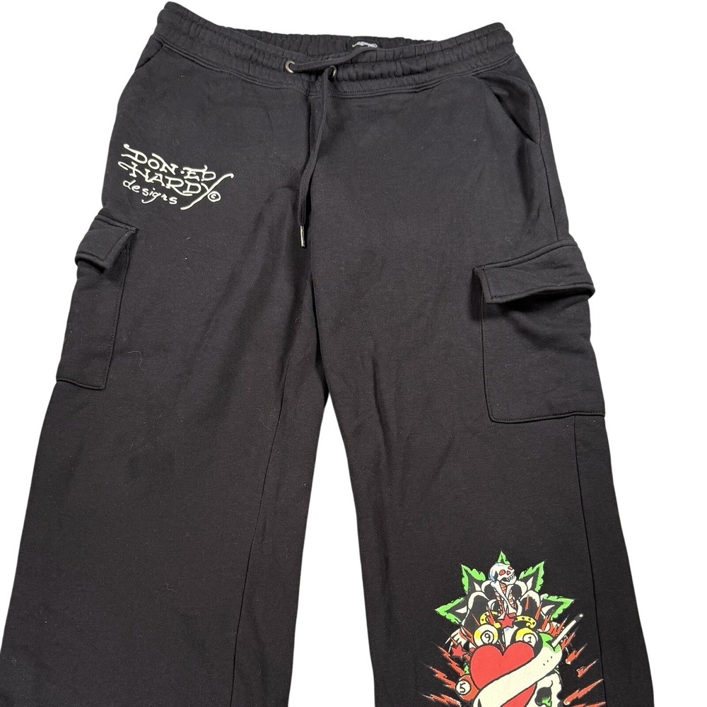 Ed Hardy Women's Black Cargo Sweatpants Graphic Rose Skull Heart EHW8203 Size L